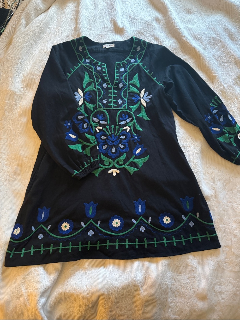 Roller Rabbit Lavandou Grace Dress Black Embroidered Mini Caftan Dress Size S